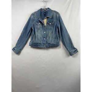Gap Denim Trucker Jacket Women M Blue Excellent Embroidered Trim RN54023